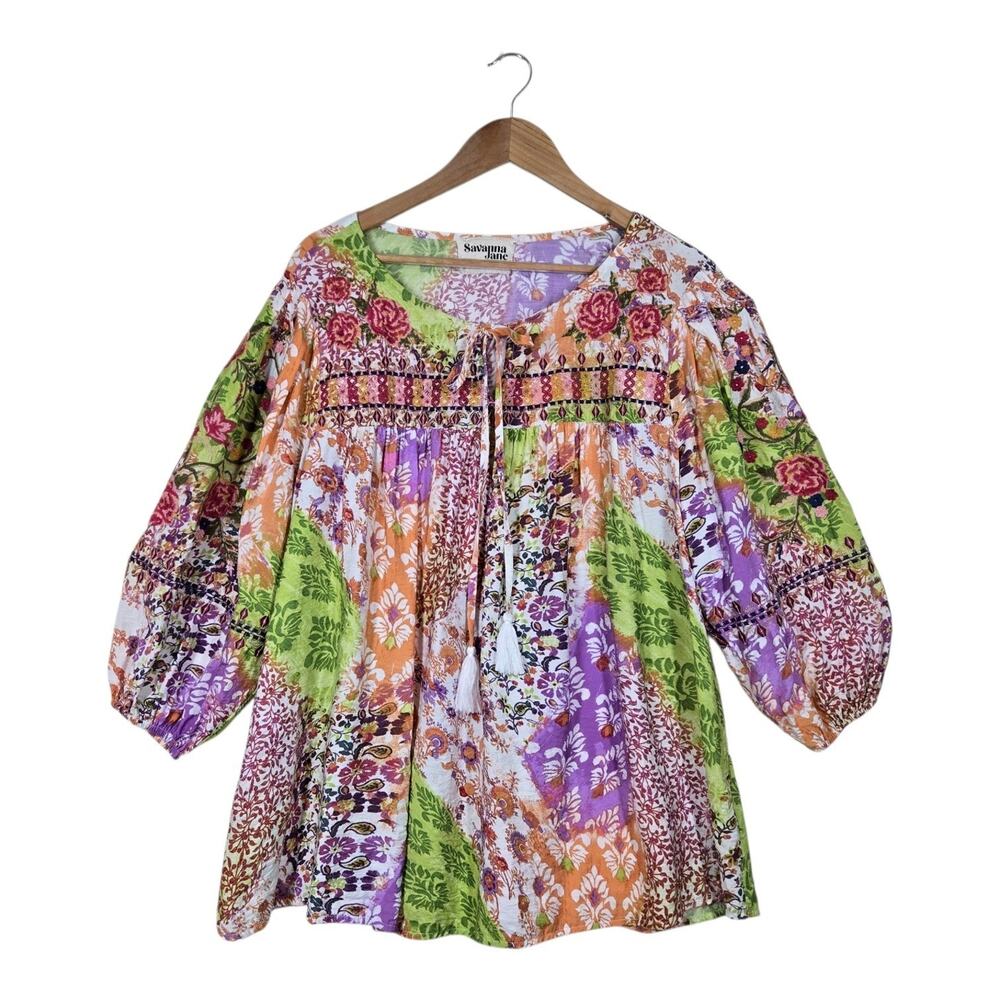 Savanna Jane Top 1X Floral Embroidered Patchwork Peasant Babydoll Boho Festival